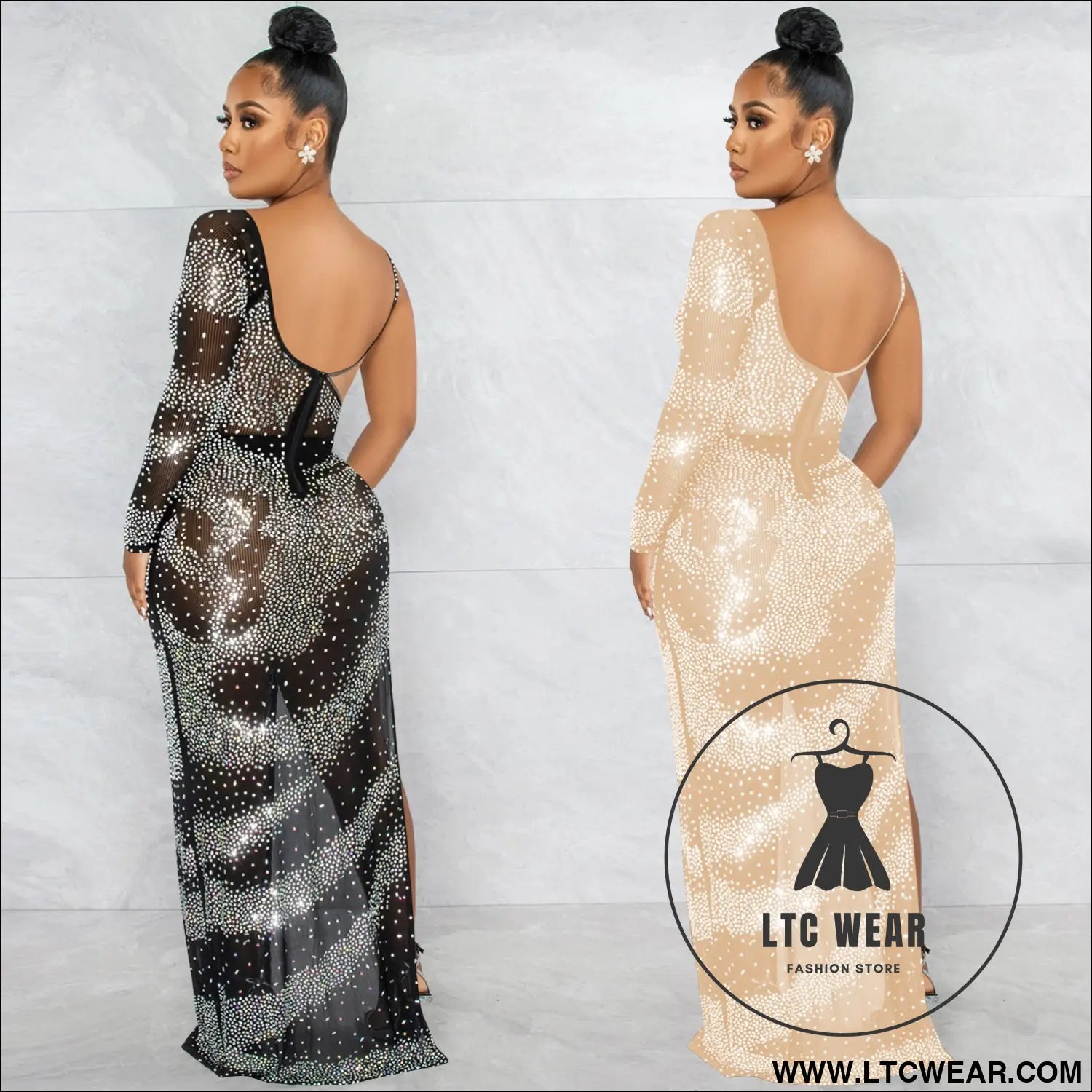Fashion sexy nightclub rhinestone single long sleeve irregular slit maxi dress