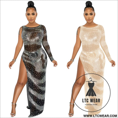 Fashion sexy nightclub rhinestone single long sleeve irregular slit maxi dress