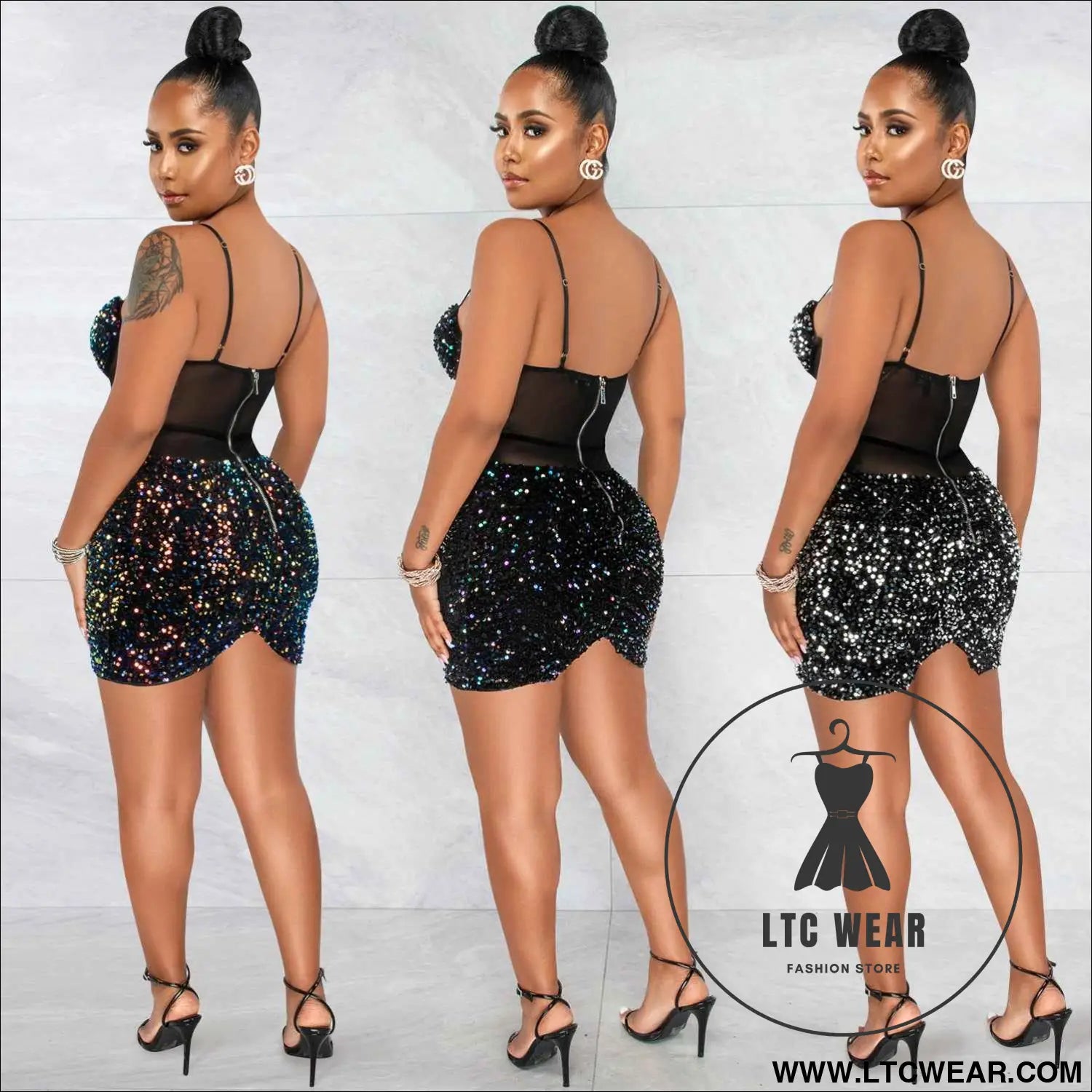 Fashion Sexy Sleeveless Sequin Mesh Sheer Zipper Midi Dress