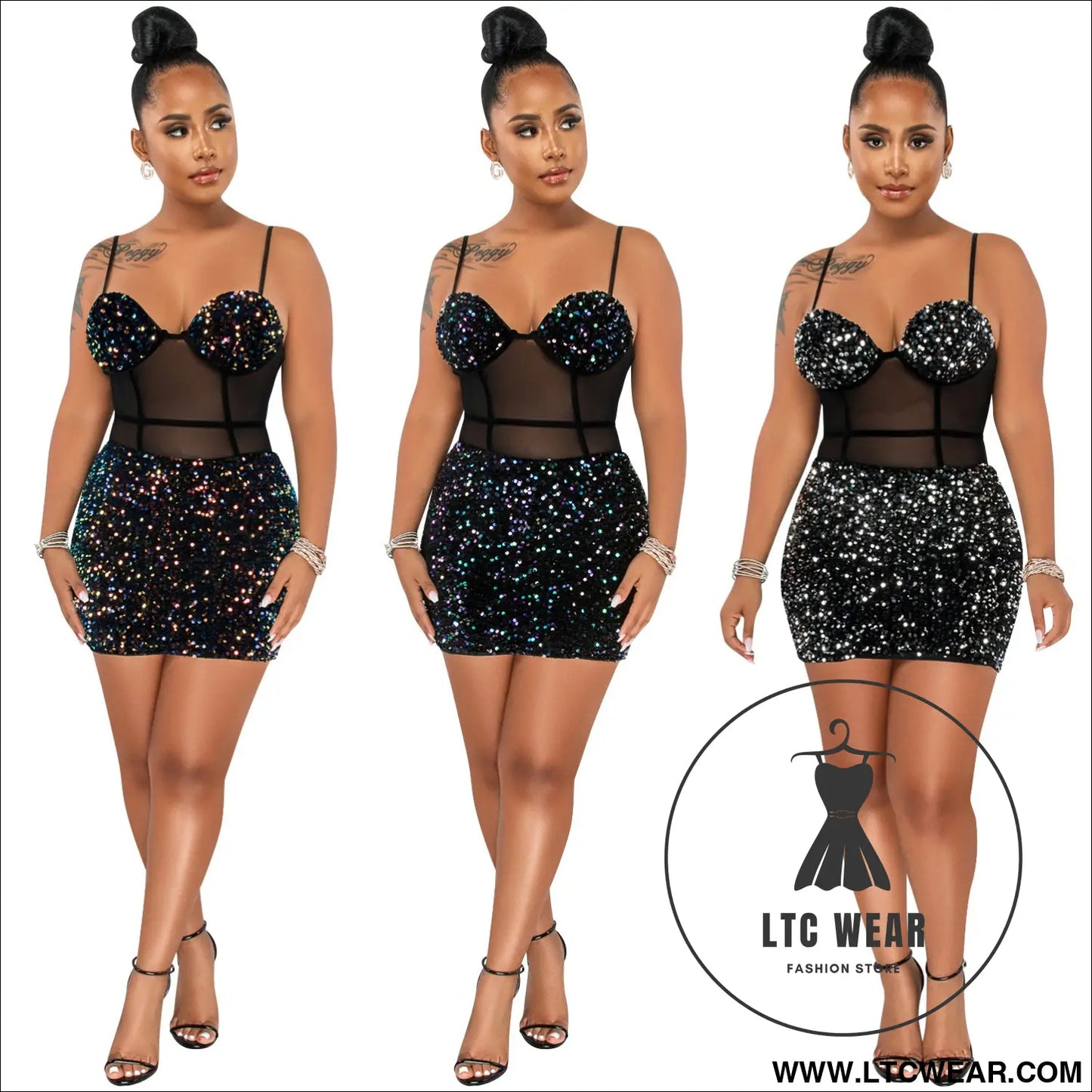 Fashion Sexy Sleeveless Sequin Mesh Sheer Zipper Midi Dress - L.T.C Wear Online Fashion Store