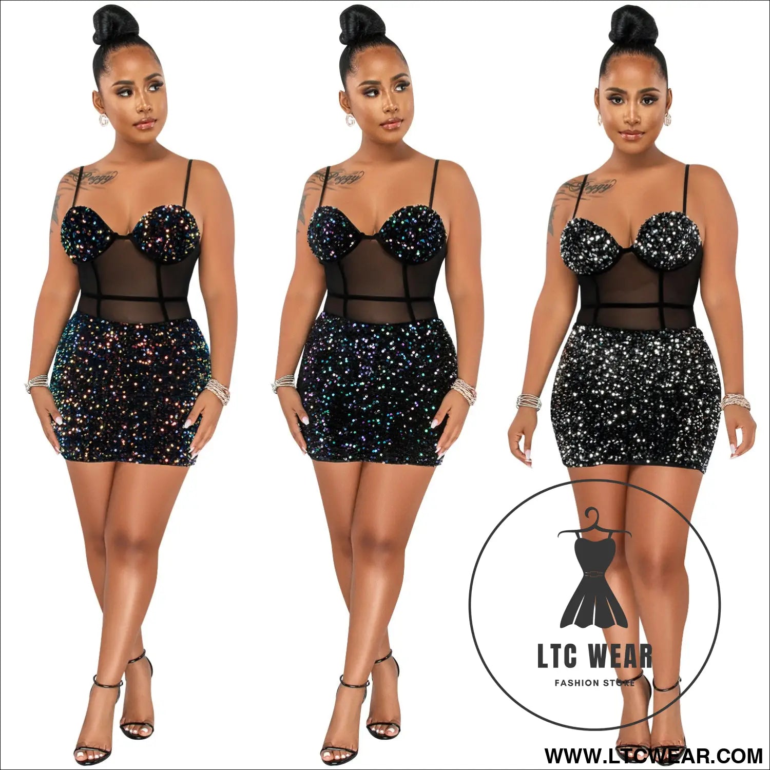 Fashion Sexy Sleeveless Sequin Mesh Sheer Zipper Midi Dress - L.T.C Wear Online Fashion Store