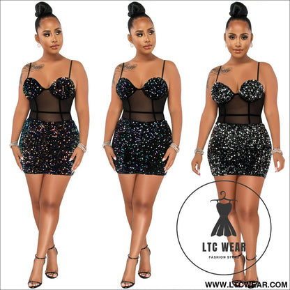 Fashion Sexy Sleeveless Sequin Mesh Sheer Zipper Midi Dress - L.T.C Wear Online Fashion Store
