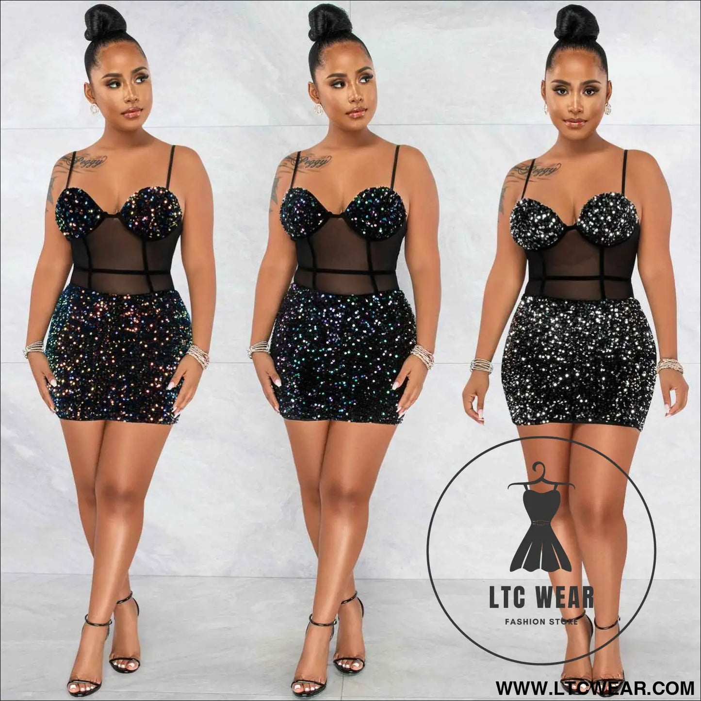 Fashion Sexy Sleeveless Sequin Mesh Sheer Zipper Midi Dress
