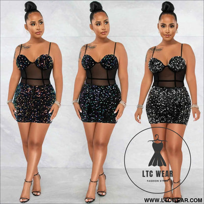 Fashion Sexy Sleeveless Sequin Mesh Sheer Zipper Midi Dress