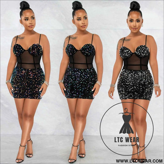 Fashion Sexy Sleeveless Sequin Mesh Sheer Zipper Midi Dress