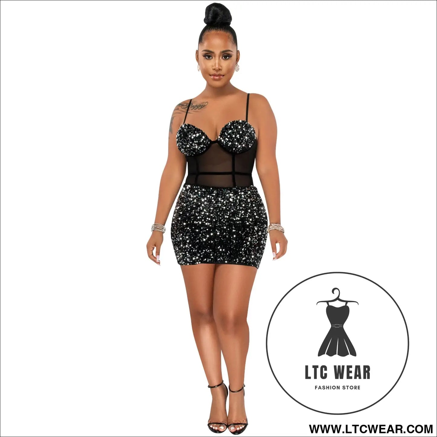 Fashion Sexy Sleeveless Sequin Mesh Sheer Zipper Midi Dress - L.T.C Wear Online Fashion Store