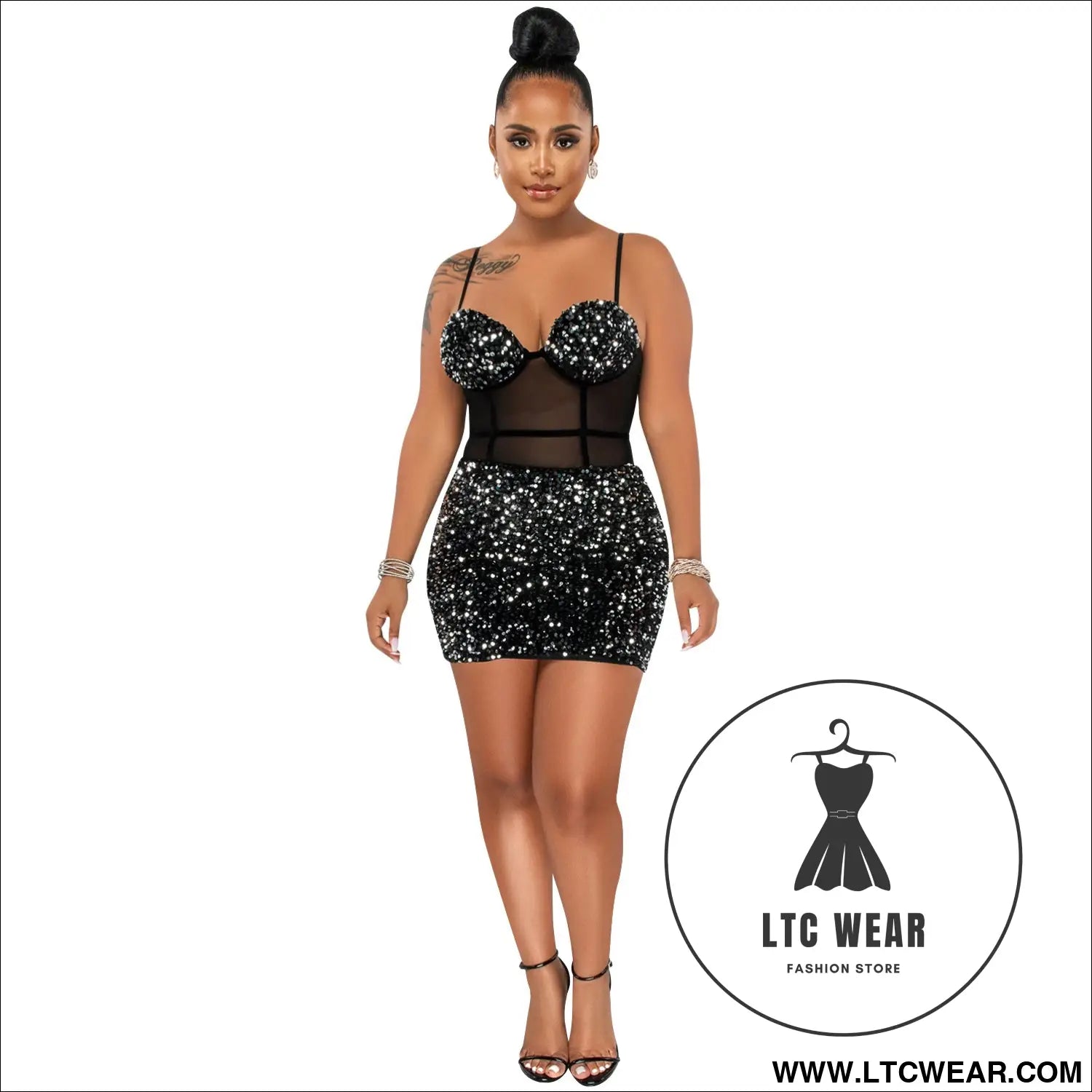 Fashion Sexy Sleeveless Sequin Mesh Sheer Zipper Midi Dress - L.T.C Wear Online Fashion Store
