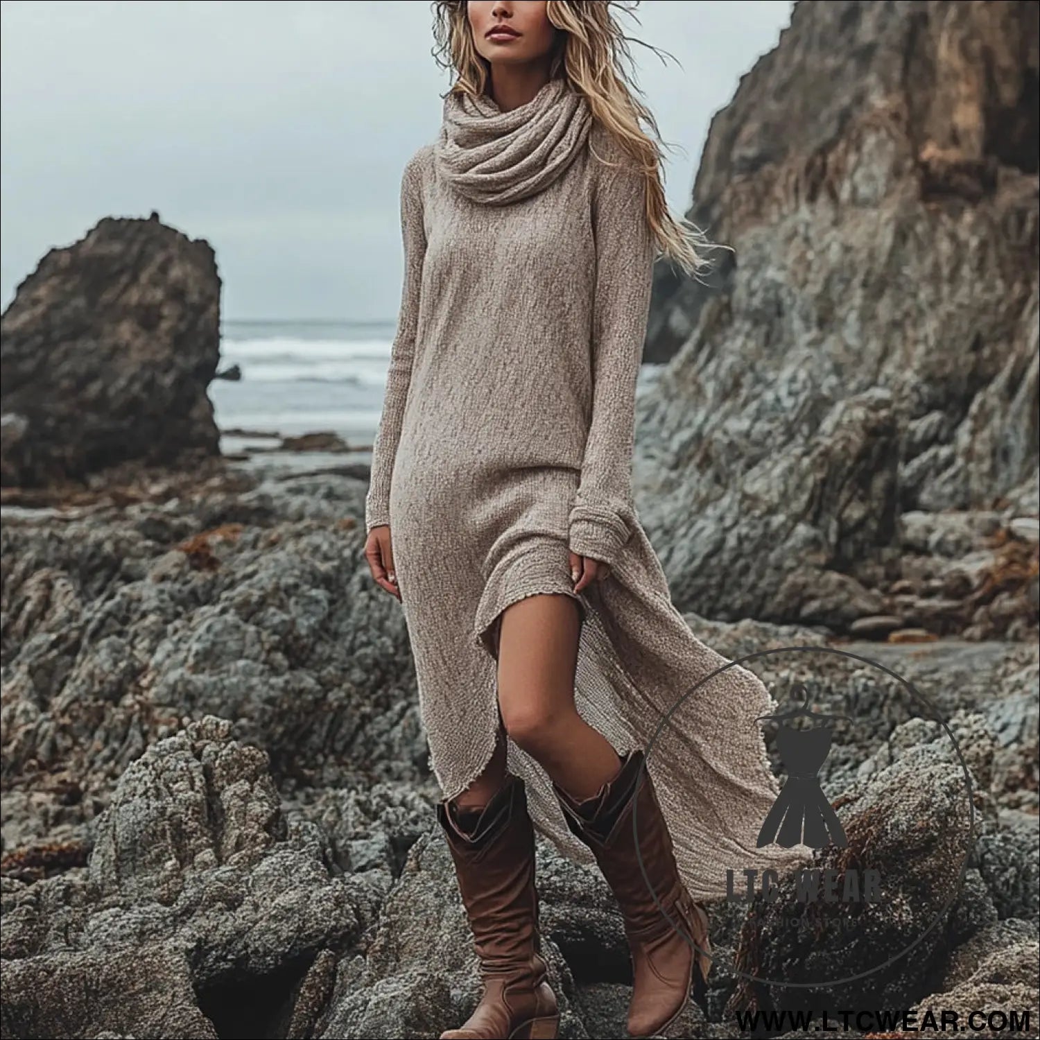 Fashion solid color turtleneck long sleeve dress