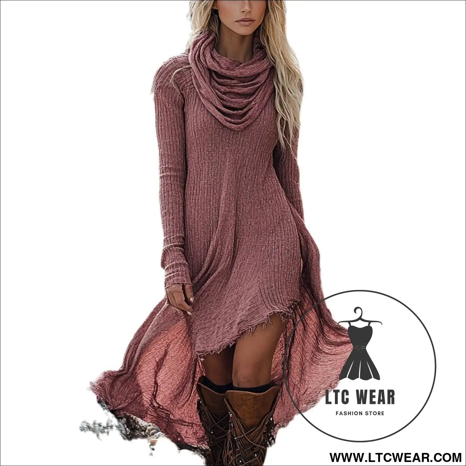 Fashion solid color turtleneck long sleeve dress