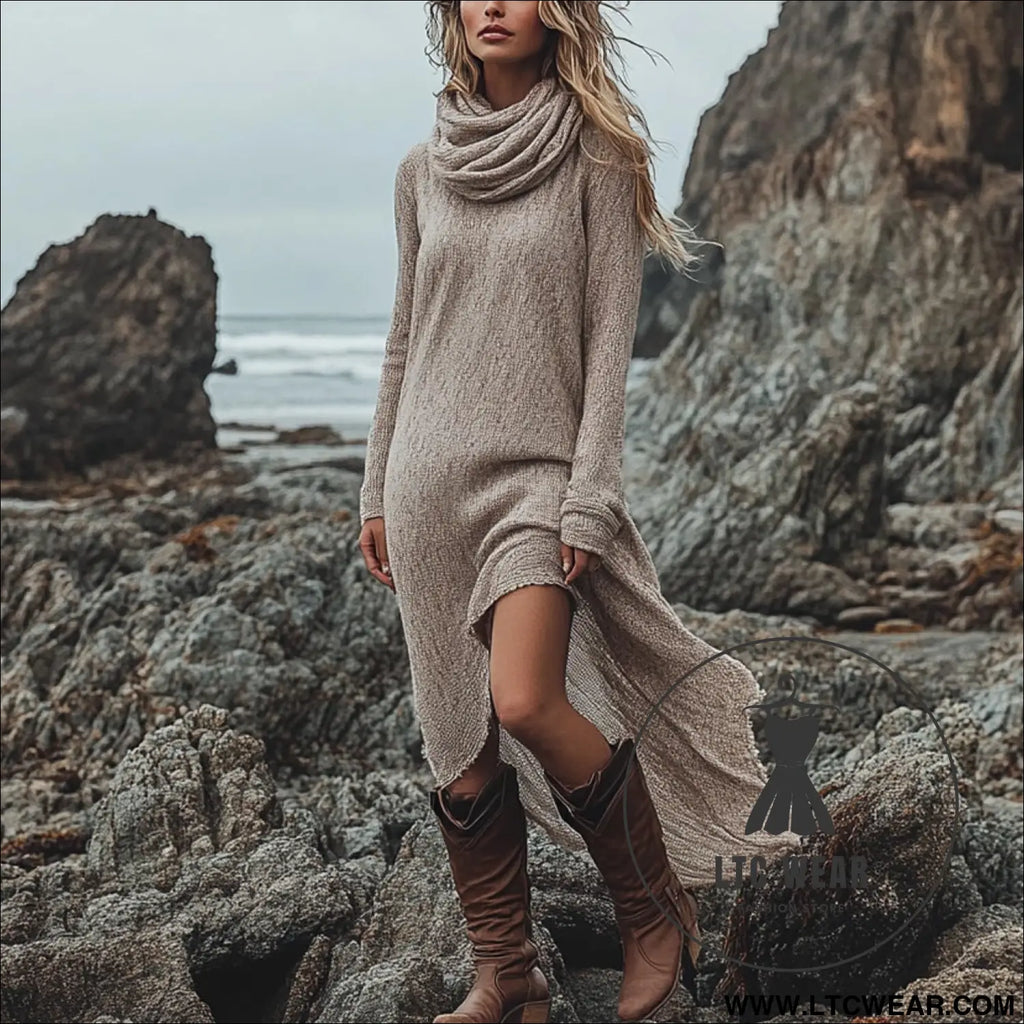 Fashion solid color turtleneck long sleeve dress - light gray / s
