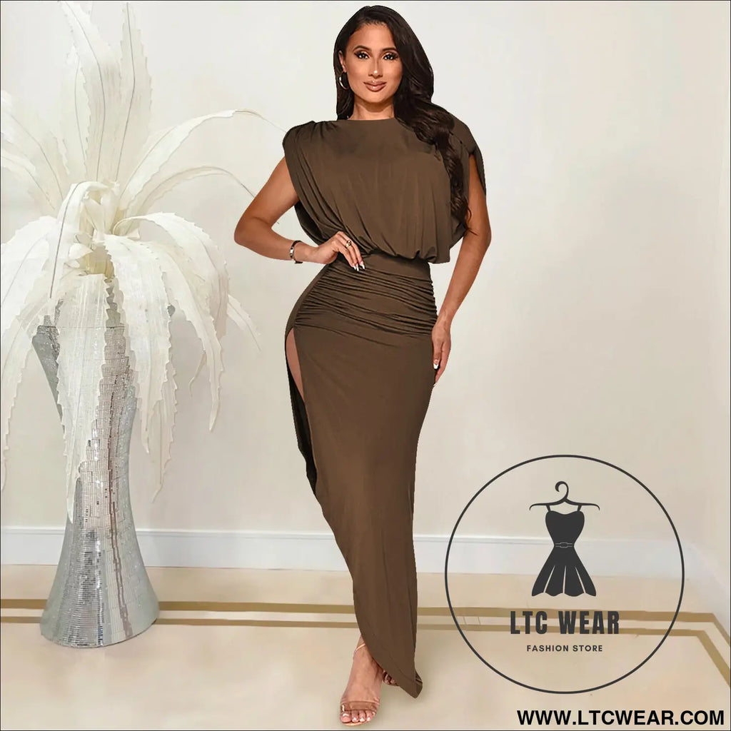 Fashion solid color women’s round neck sleeveless pleated asymmetrical slit long dress