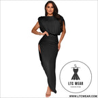 Fashion solid color women’s round neck sleeveless pleated asymmetrical slit long dress - black / s
