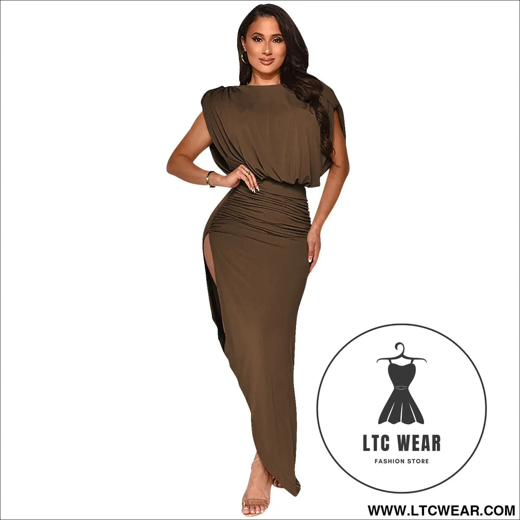 Fashion solid color women’s round neck sleeveless pleated asymmetrical slit long dress - brown / s