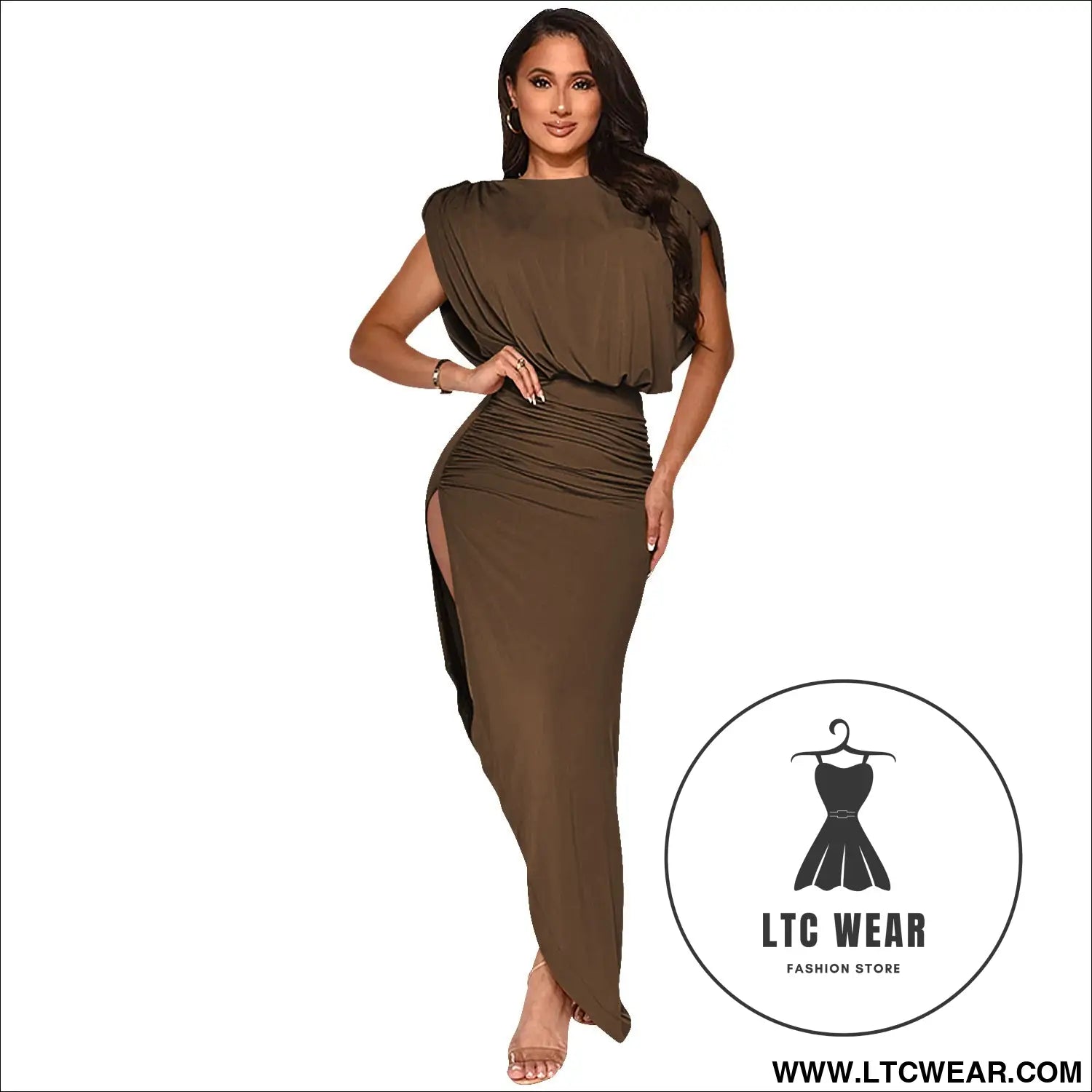 Fashion solid color women’s round neck sleeveless pleated asymmetrical slit long dress - brown / s