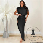 Fashion solid color women’s round neck sleeveless pleated asymmetrical slit long dress