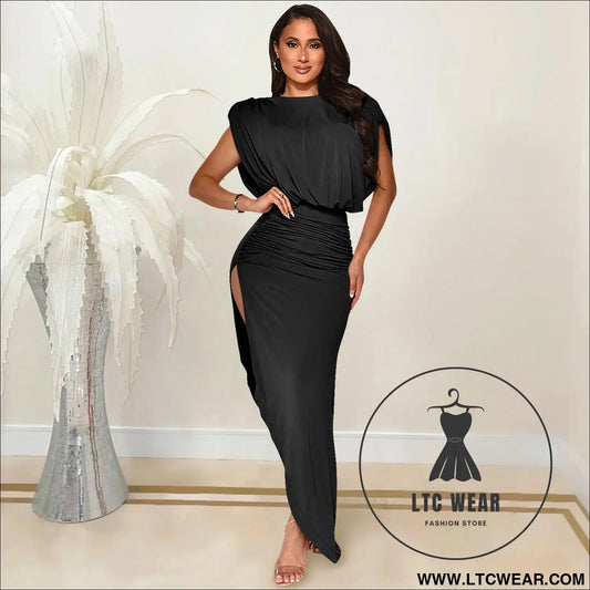 Fashion solid color women’s round neck sleeveless pleated asymmetrical slit long dress