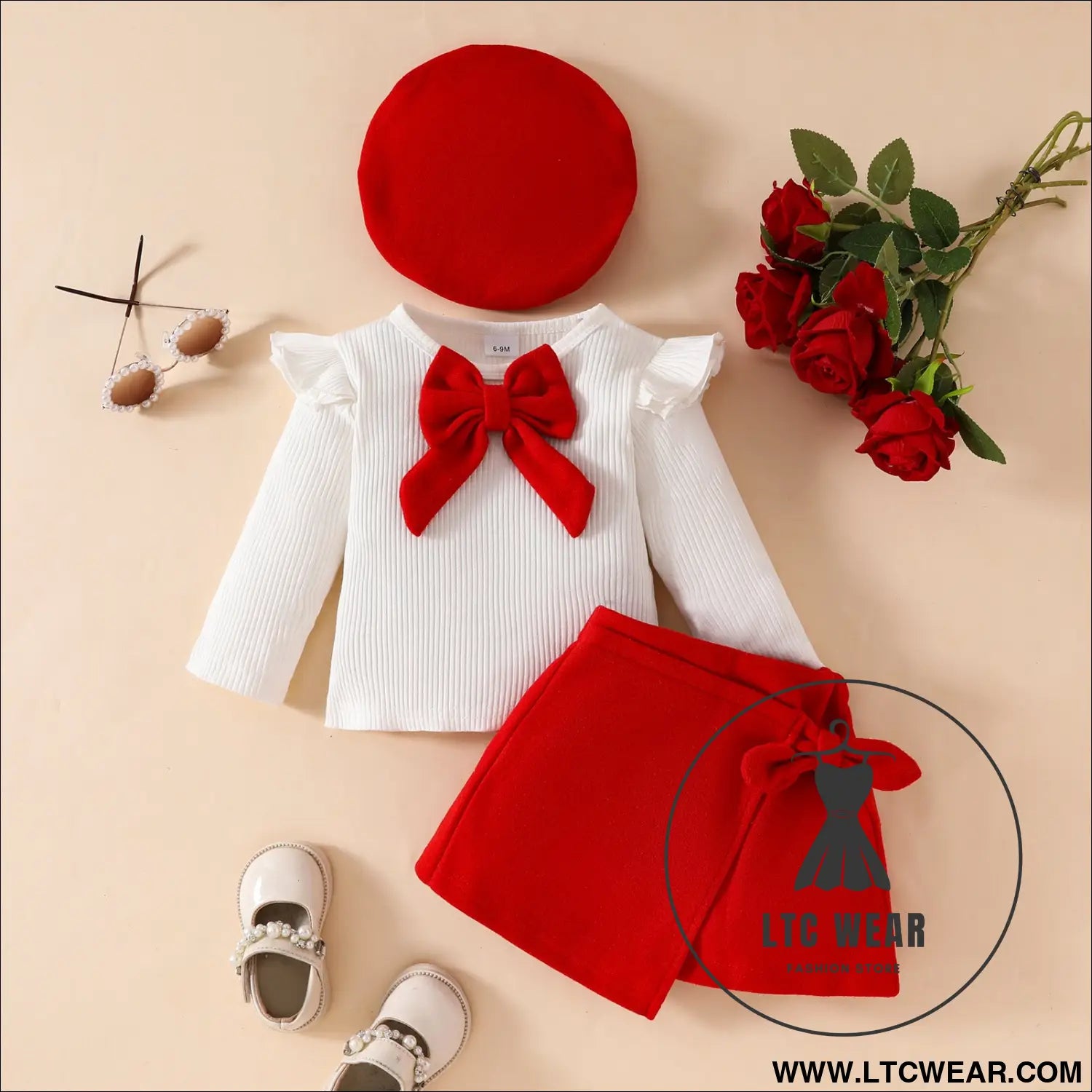 Fashion step girl big bow beret long sleeve top with velvet half skirt autumn/winter 3-piece set - red / 6-9m
