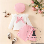 Fashion step girl big bow beret long sleeve top with velvet half skirt autumn/winter 3-piece set - pink / 6-9m