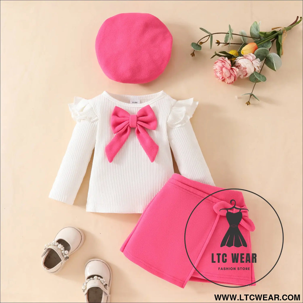 Fashion step girl big bow beret long sleeve top with velvet half skirt autumn/winter 3-piece set