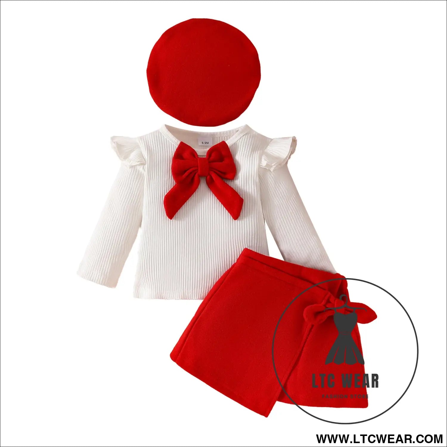Fashion step girl big bow beret long sleeve top with velvet half skirt autumn/winter 3-piece set