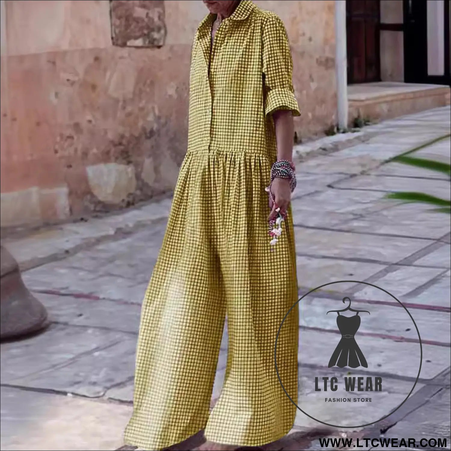 Fashion style plaid shirt collar long sleeve jumpsuit