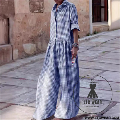 Fashion style plaid shirt collar long sleeve jumpsuit