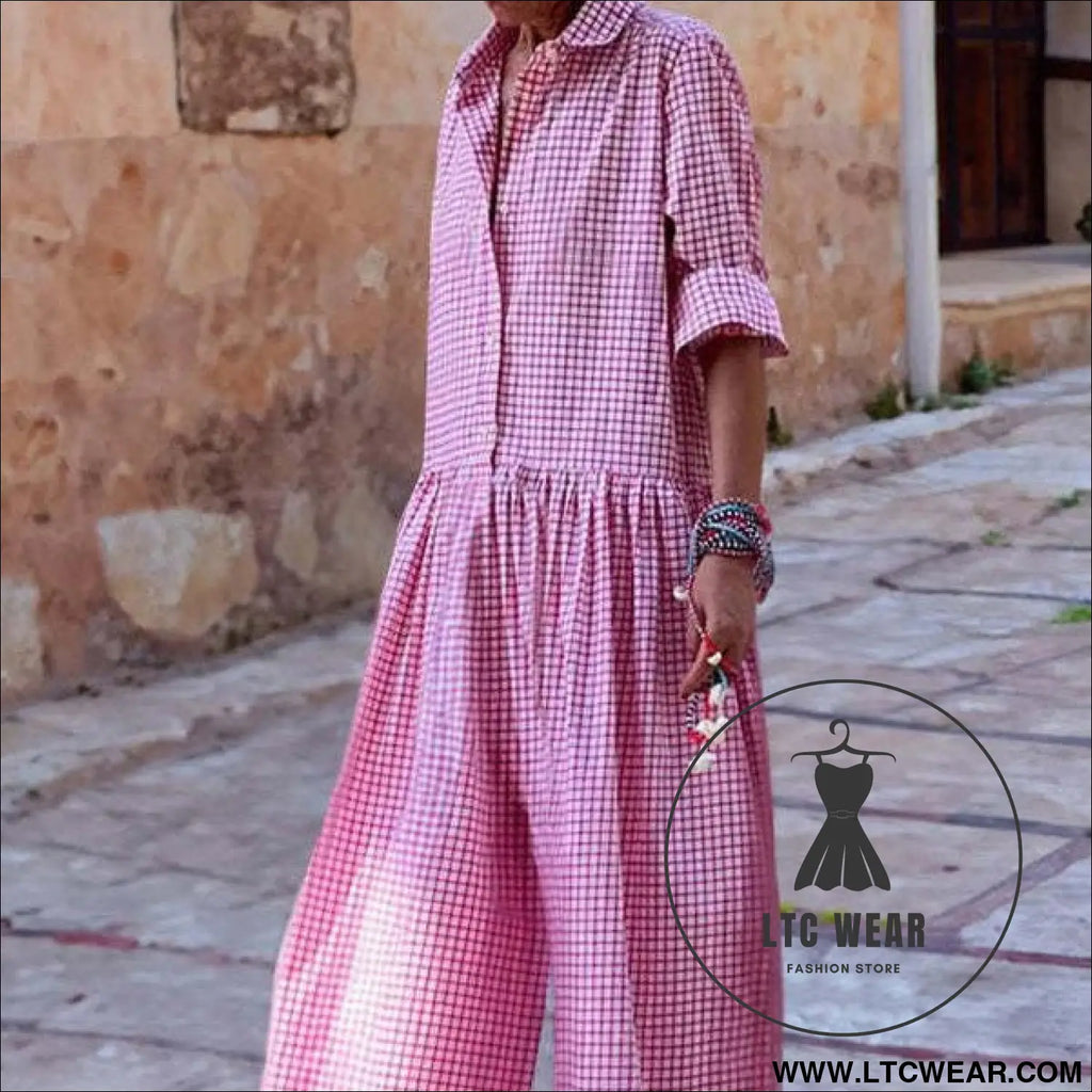 Fashion style plaid shirt collar long sleeve jumpsuit