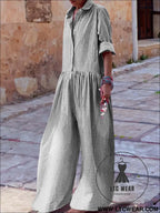 Fashion style plaid shirt collar long sleeve jumpsuit - s / black gray