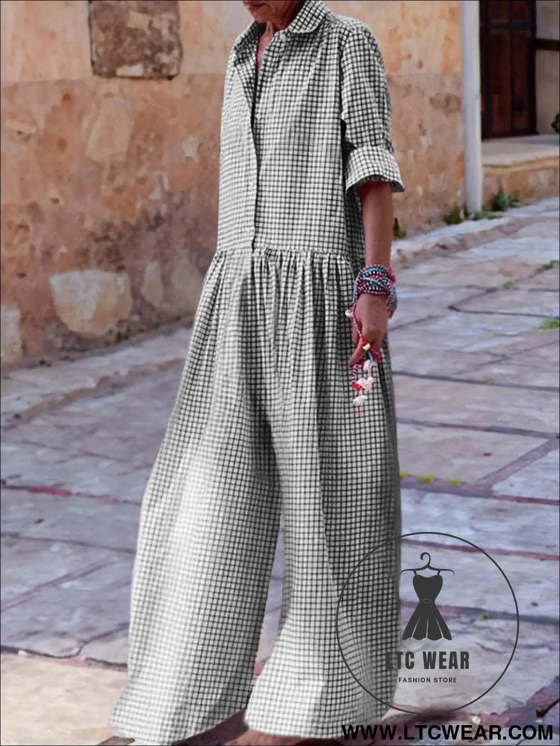 Fashion style plaid shirt collar long sleeve jumpsuit - s / black gray