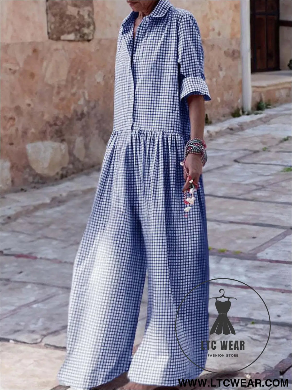 Fashion style plaid shirt collar long sleeve jumpsuit - s / royal blue