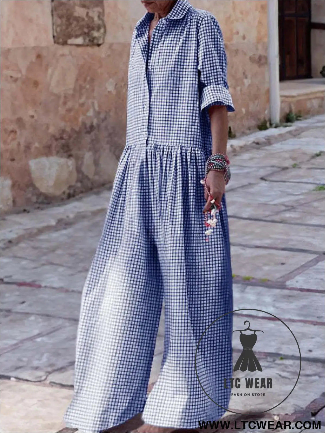 Fashion style plaid shirt collar long sleeve jumpsuit - s / royal blue