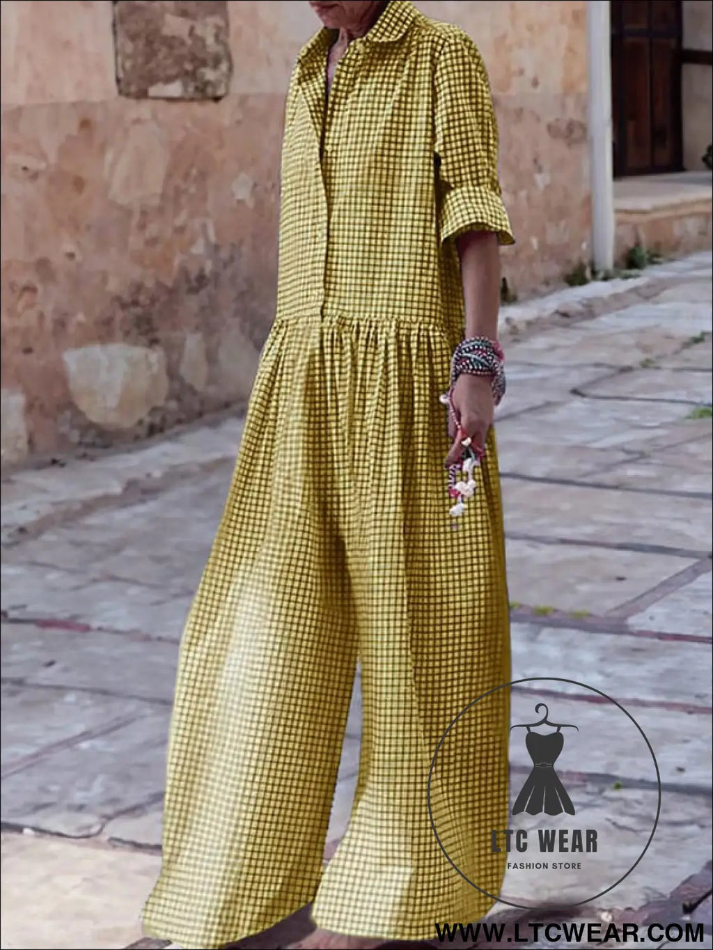 Fashion style plaid shirt collar long sleeve jumpsuit - s / yellow