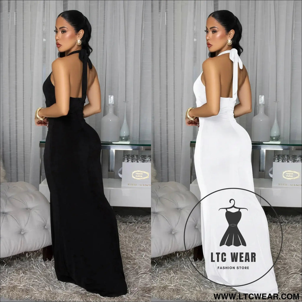 Fashion women’s sexy backless halter deep v neck solid color dress