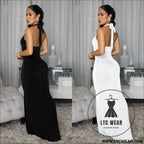 Fashion women’s sexy backless halter deep v neck solid color dress