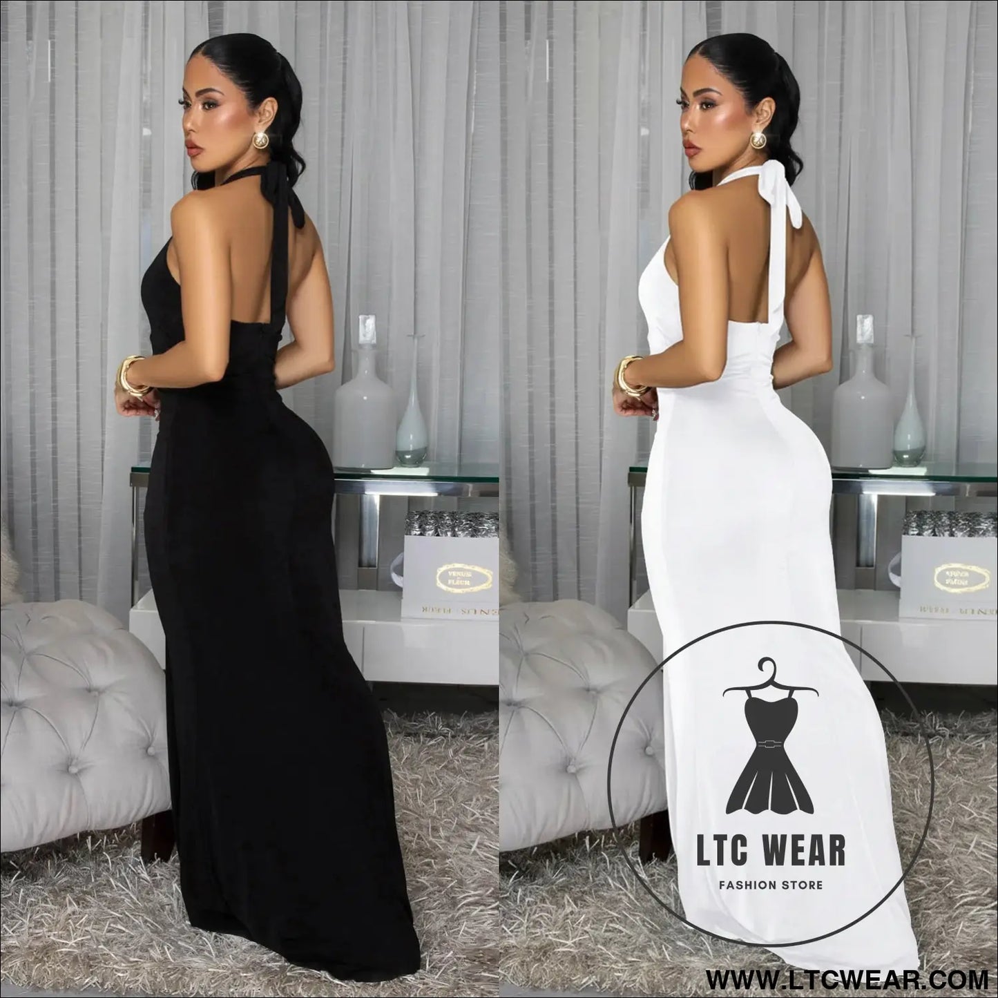 Fashion women’s sexy backless halter deep v neck solid color dress