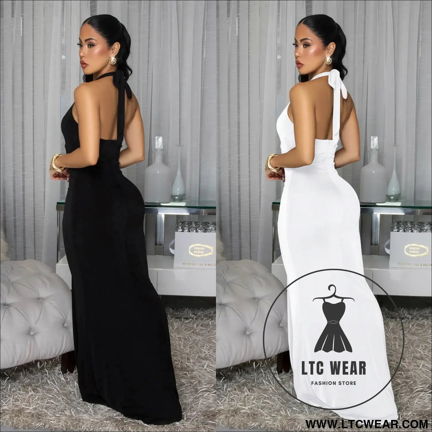 Fashion women’s sexy backless halter deep v neck solid color dress