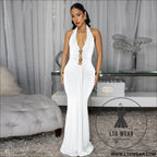 Fashion women’s sexy backless halter deep v neck solid color dress