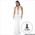 Fashion women’s sexy backless halter deep v neck solid color dress - white / s