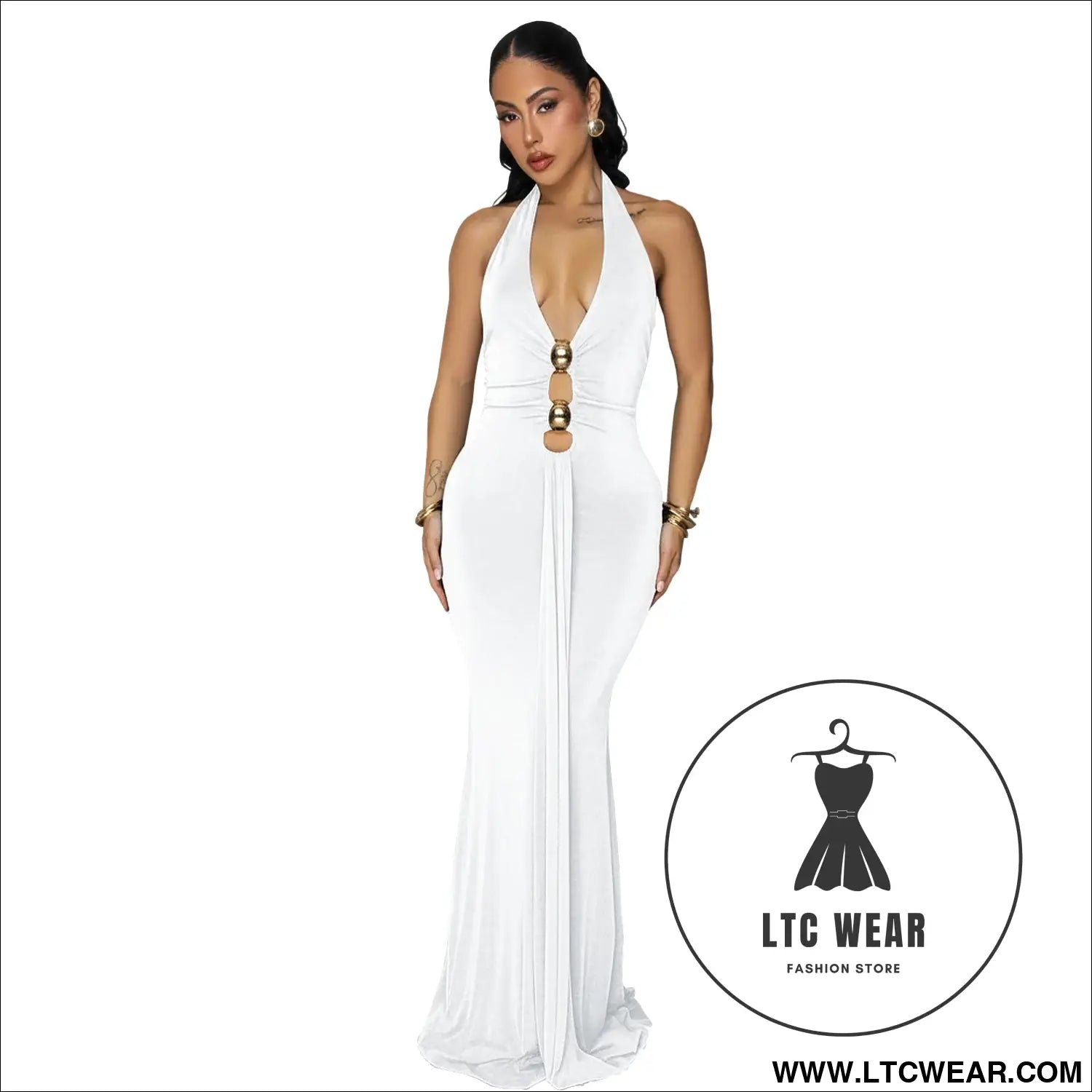 Fashion women’s sexy backless halter deep v neck solid color dress - white / s