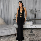 Fashion women’s sexy backless halter deep v neck solid color dress