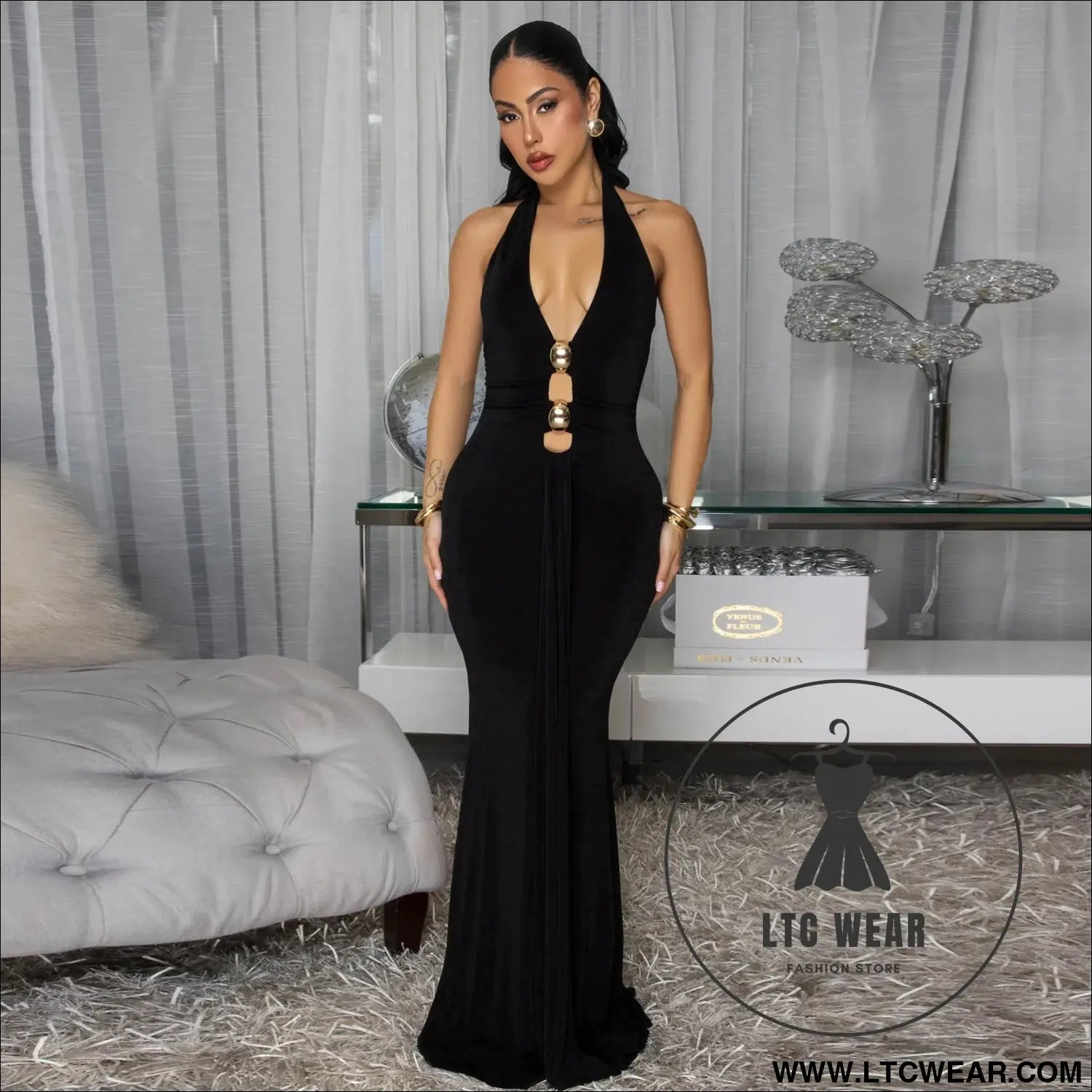 Fashion women’s sexy backless halter deep v neck solid color dress