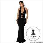 Fashion women’s sexy backless halter deep v neck solid color dress - black / s