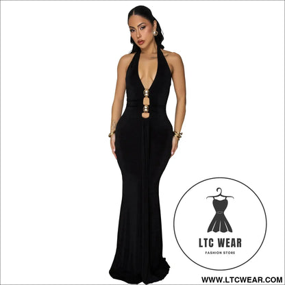Fashion women’s sexy backless halter deep v neck solid color dress - black / s
