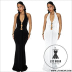 Fashion women’s sexy backless halter deep v neck solid color dress