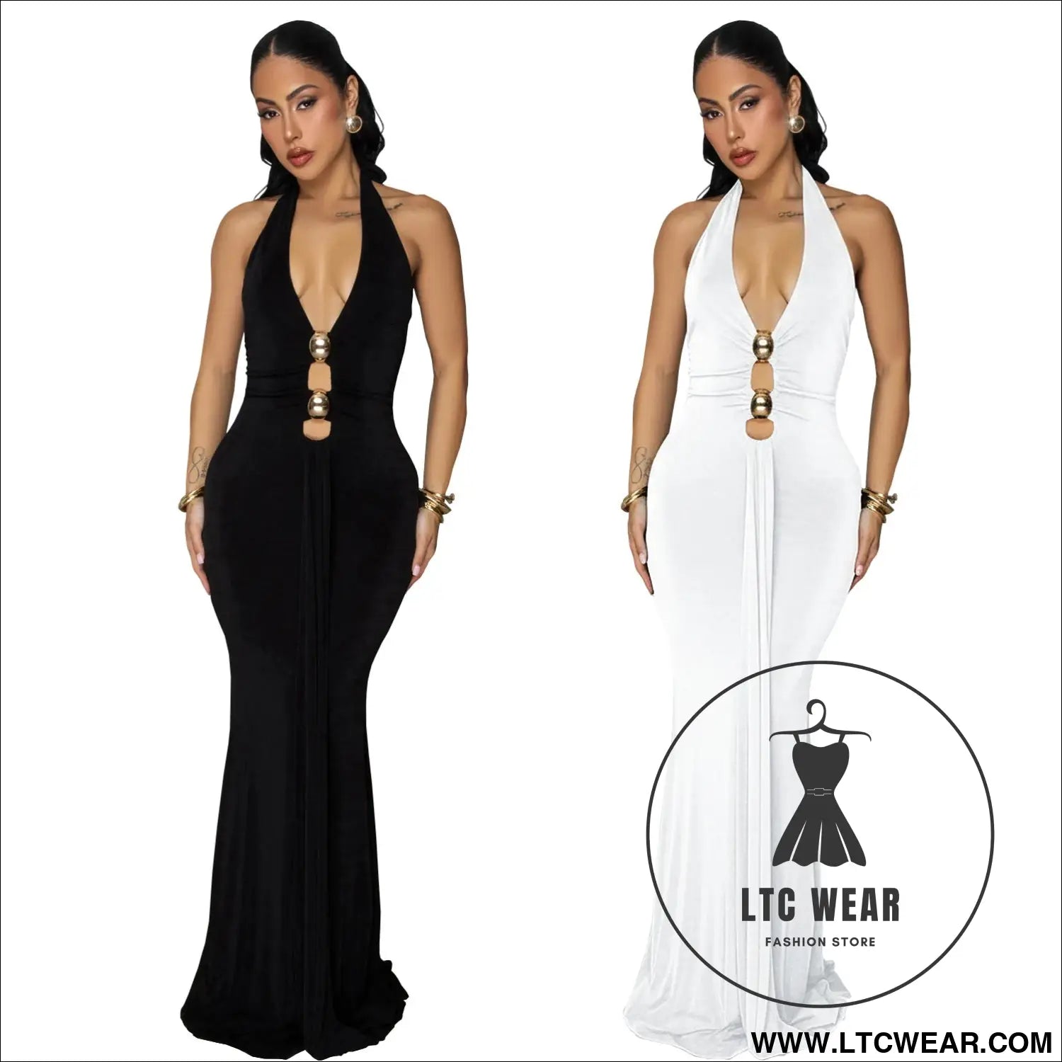 Fashion women’s sexy backless halter deep v neck solid color dress