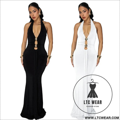 Fashion women’s sexy backless halter deep v neck solid color dress