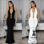 Fashion women’s sexy backless halter deep v neck solid color dress