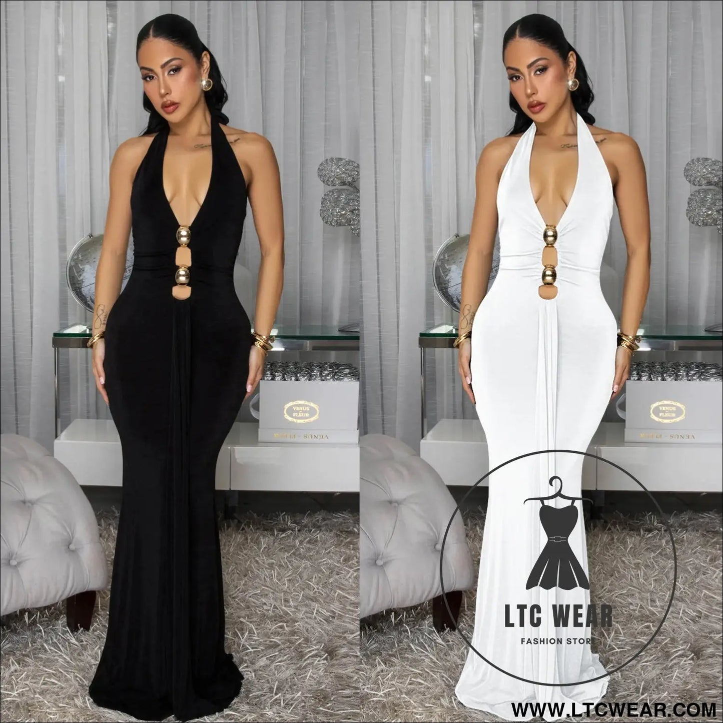 Fashion women’s sexy backless halter deep v neck solid color dress