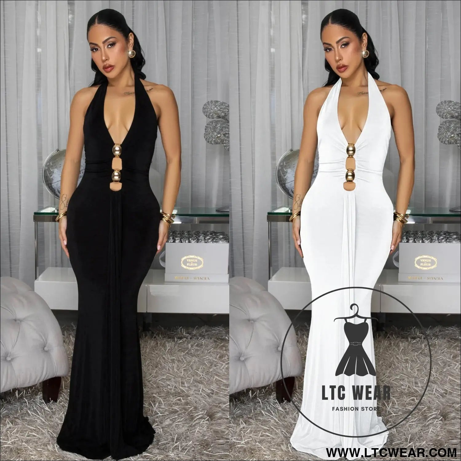 Fashion women’s sexy backless halter deep v neck solid color dress