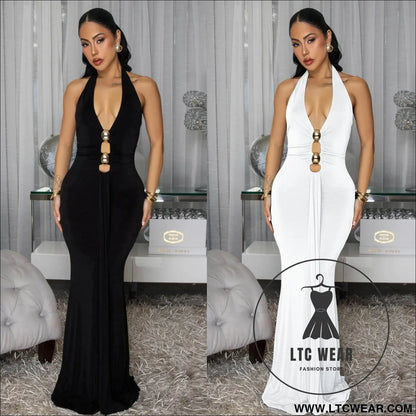 Fashion women’s sexy backless halter deep v neck solid color dress